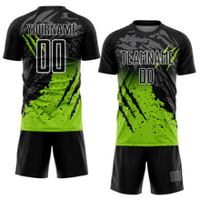Laden Sie das Bild in den Galerie-Viewer, Custom Black Neon Green-White Gradient Scratch Splash Sublimation Soccer Uniform Jersey