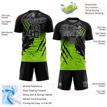 Laden Sie das Bild in den Galerie-Viewer, Custom Black Neon Green-White Gradient Scratch Splash Sublimation Soccer Uniform Jersey