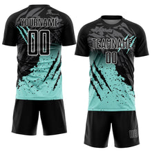 Laden Sie das Bild in den Galerie-Viewer, Custom Black Ice Blue-White Gradient Scratch Splash Sublimation Soccer Uniform Jersey