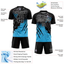 Load image into Gallery viewer, Custom Black Sky Blue-White Gradient Scratch Splash Sublimation Soccer Uniform Jersey