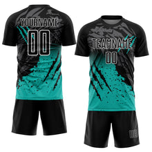 Laden Sie das Bild in den Galerie-Viewer, Custom Black Aqua-White Gradient Scratch Splash Sublimation Soccer Uniform Jersey