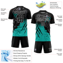 Laden Sie das Bild in den Galerie-Viewer, Custom Black Aqua-White Gradient Scratch Splash Sublimation Soccer Uniform Jersey