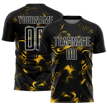 Custom Black Yellow-White Abstract Liquid Sublimation Soccer Uniform Jersey