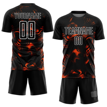 Custom Black Orange-White Abstract Liquid Sublimation Soccer Uniform Jersey
