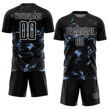 Custom Black Light Blue-White Abstract Liquid Sublimation Soccer Uniform Jersey