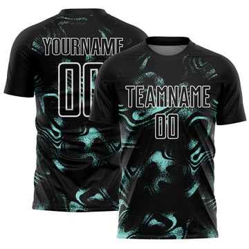 Custom Black Ice Blue-White Abstract Liquid Sublimation Soccer Uniform Jersey