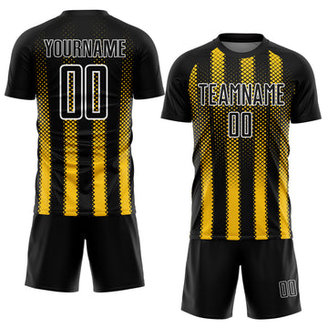 Custom Black Yellow-White Geometric Shape Sublimation Soccer Uniform Jersey