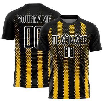 Custom Black Yellow-White Geometric Shape Sublimation Soccer Uniform Jersey
