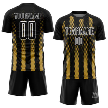 Custom Black Old Gold-White Geometric Shape Sublimation Soccer Uniform Jersey