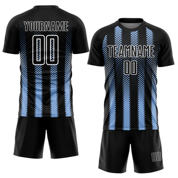Custom Black Light Blue-White Geometric Shape Sublimation Soccer Uniform Jersey