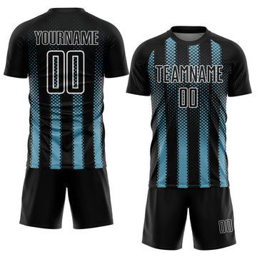 Custom Black Shadow Blue-White Geometric Shape Sublimation Soccer Uniform Jersey