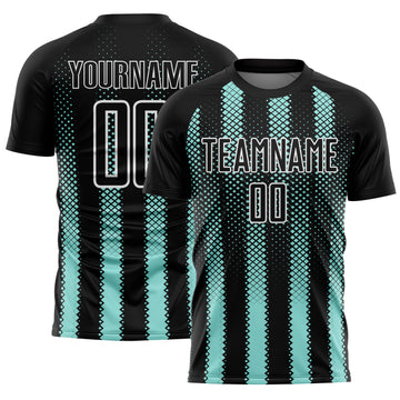 Custom Black Ice Blue-White Geometric Shape Sublimation Soccer Uniform Jersey