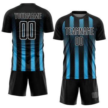 Custom Black Sky Blue-White Geometric Shape Sublimation Soccer Uniform Jersey