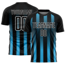 Laden Sie das Bild in den Galerie-Viewer, Custom Black Sky Blue-White Geometric Shape Sublimation Soccer Uniform Jersey
