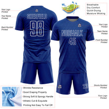 Laden Sie das Bild in den Galerie-Viewer, Custom Royal White Geometric Shape Sublimation Soccer Uniform Jersey