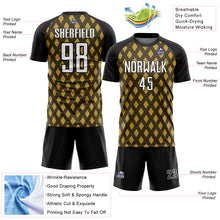 Laden Sie das Bild in den Galerie-Viewer, Custom Black White-Old Gold Geometric Shape Sublimation Soccer Uniform Jersey