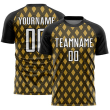 Laden Sie das Bild in den Galerie-Viewer, Custom Black White-Old Gold Geometric Shape Sublimation Soccer Uniform Jersey