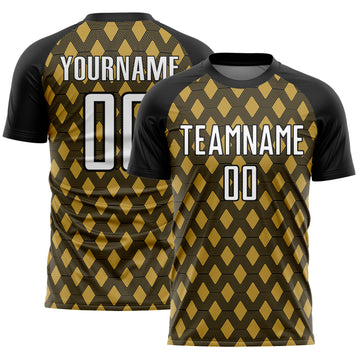 Custom Black White-Old Gold Geometric Shape Sublimation Soccer Uniform Jersey