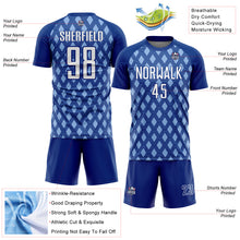 Загрузить изображение в средство просмотра галереи, Custom Royal White-Light Blue Geometric Shape Sublimation Soccer Uniform Jersey