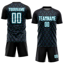 Load image into Gallery viewer, Custom Black White-Lakes Blue Geometric Shape Sublimation Soccer Uniform Jersey