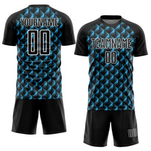 Laden Sie das Bild in den Galerie-Viewer, Custom Black Sky Blue-White Geometric Shape Sublimation Soccer Uniform Jersey