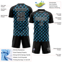 Laden Sie das Bild in den Galerie-Viewer, Custom Black Sky Blue-White Geometric Shape Sublimation Soccer Uniform Jersey