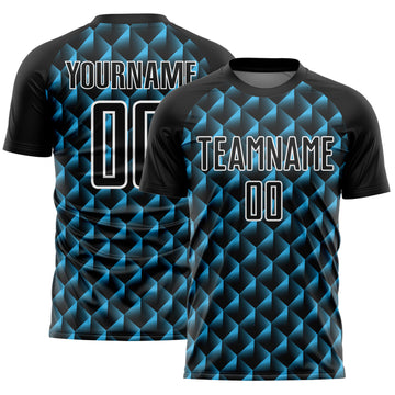 Custom Black Sky Blue-White Geometric Shape Sublimation Soccer Uniform Jersey