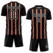 Laden Sie das Bild in den Galerie-Viewer, Custom Black Orange-White Stripe Line Sublimation Soccer Uniform Jersey