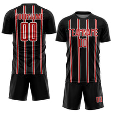 Load image into Gallery viewer, Custom Black Red-White Stripe Line Sublimation Soccer Uniform Jersey
