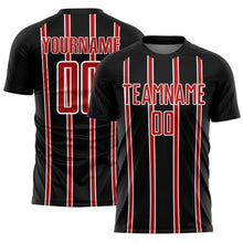 Load image into Gallery viewer, Custom Black Red-White Stripe Line Sublimation Soccer Uniform Jersey