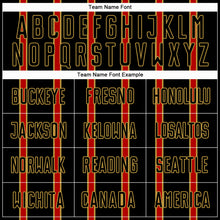 Load image into Gallery viewer, Custom Black Red-Old Gold Stripe Line Sublimation Soccer Uniform Jersey