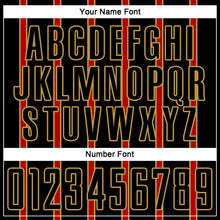 Load image into Gallery viewer, Custom Black Red-Old Gold Stripe Line Sublimation Soccer Uniform Jersey
