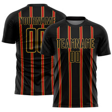 Load image into Gallery viewer, Custom Black Red-Old Gold Stripe Line Sublimation Soccer Uniform Jersey