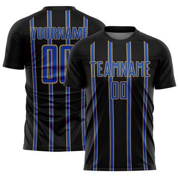 Custom Black Thunder Blue-Old Gold Stripe Line Sublimation Soccer Uniform Jersey