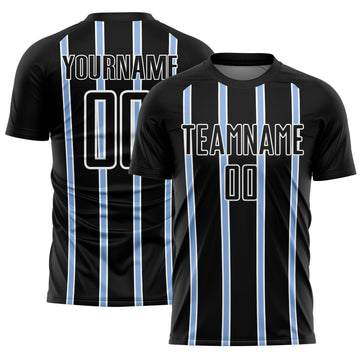 Custom Black Light Blue-White Stripe Line Sublimation Soccer Uniform Jersey
