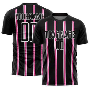 Custom Black Pink-White Stripe Line Sublimation Soccer Uniform Jersey