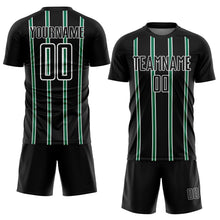 Load image into Gallery viewer, Custom Black Kelly Green-White Stripe Line Sublimation Soccer Uniform Jersey