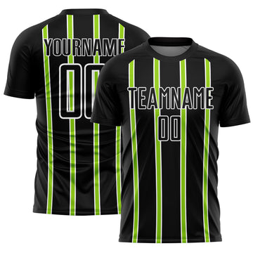 Custom Black Neon Green-White Stripe Line Sublimation Soccer Uniform Jersey