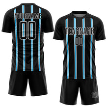 Laden Sie das Bild in den Galerie-Viewer, Custom Black Sky Blue-White Stripe Line Sublimation Soccer Uniform Jersey
