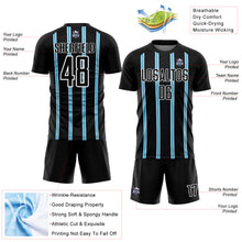Laden Sie das Bild in den Galerie-Viewer, Custom Black Sky Blue-White Stripe Line Sublimation Soccer Uniform Jersey