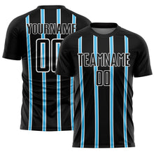 Laden Sie das Bild in den Galerie-Viewer, Custom Black Sky Blue-White Stripe Line Sublimation Soccer Uniform Jersey