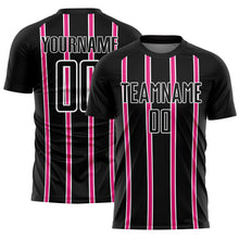 Load image into Gallery viewer, Custom Black Hot Pink-White Stripe Line Sublimation Soccer Uniform Jersey