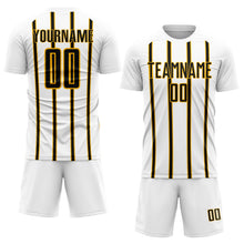 Load image into Gallery viewer, Custom White Black-Gold Stripe Line Sublimation Soccer Uniform Jersey