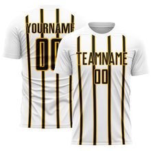 Load image into Gallery viewer, Custom White Black-Gold Stripe Line Sublimation Soccer Uniform Jersey