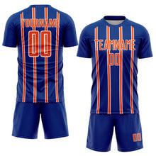 Load image into Gallery viewer, Custom Royal Orange-White Stripe Line Sublimation Soccer Uniform Jersey