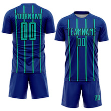 Laden Sie das Bild in den Galerie-Viewer, Custom Royal Aqua-Black Stripe Line Sublimation Soccer Uniform Jersey