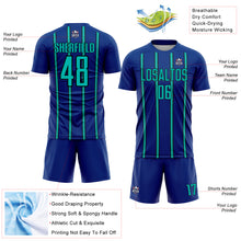 Laden Sie das Bild in den Galerie-Viewer, Custom Royal Aqua-Black Stripe Line Sublimation Soccer Uniform Jersey