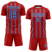 Load image into Gallery viewer, Custom Red Royal-White Stripe Line Sublimation Soccer Uniform Jersey