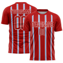 Load image into Gallery viewer, Custom Red Light Blue-White Stripe Line Sublimation Soccer Uniform Jersey