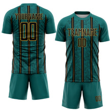 Load image into Gallery viewer, Custom Teal Black-Old Gold Stripe Line Sublimation Soccer Uniform Jersey